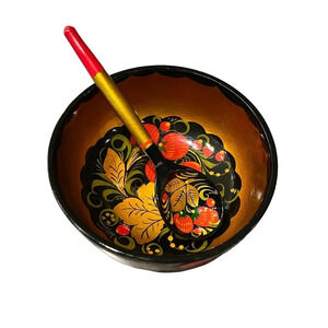 Vintage Russian Folk Art Lacquered Bowl and Spoon Strawberries
